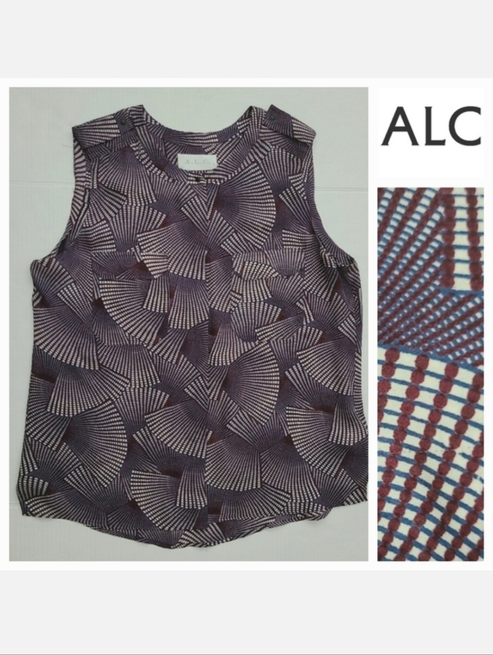A.L.C. 100% Silk Sleeveless Epaulet Nomad Top in Burgundy & Blue Sz M